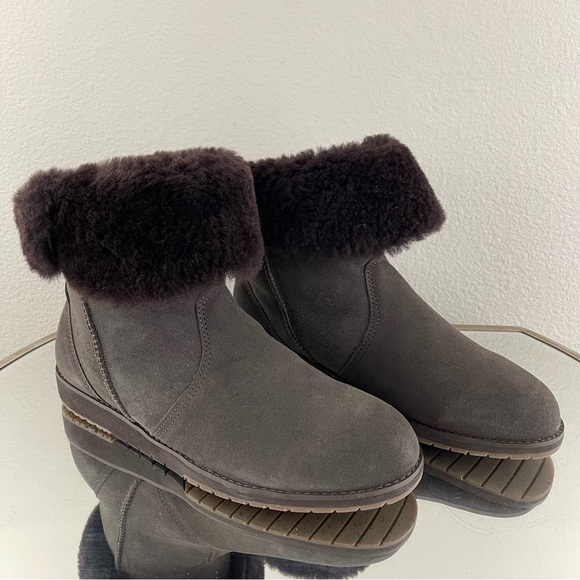 EMU AUSTRALIA Dark Brown Suede Sheepskin Leather Bells Beach Lo Shearling Boots - Picture 3 of 14